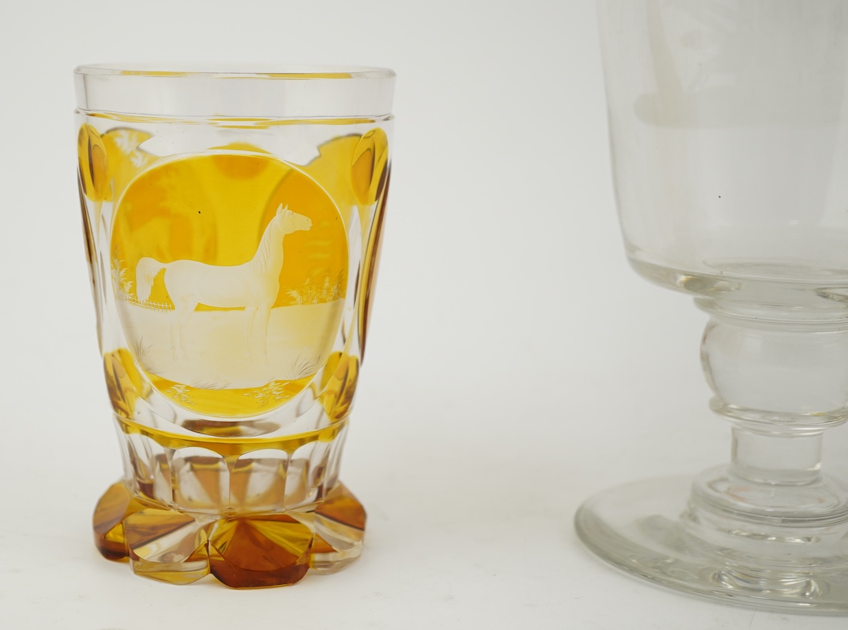 Horse interest - two German amber flashed beakers and two engraved rummers, 19th century